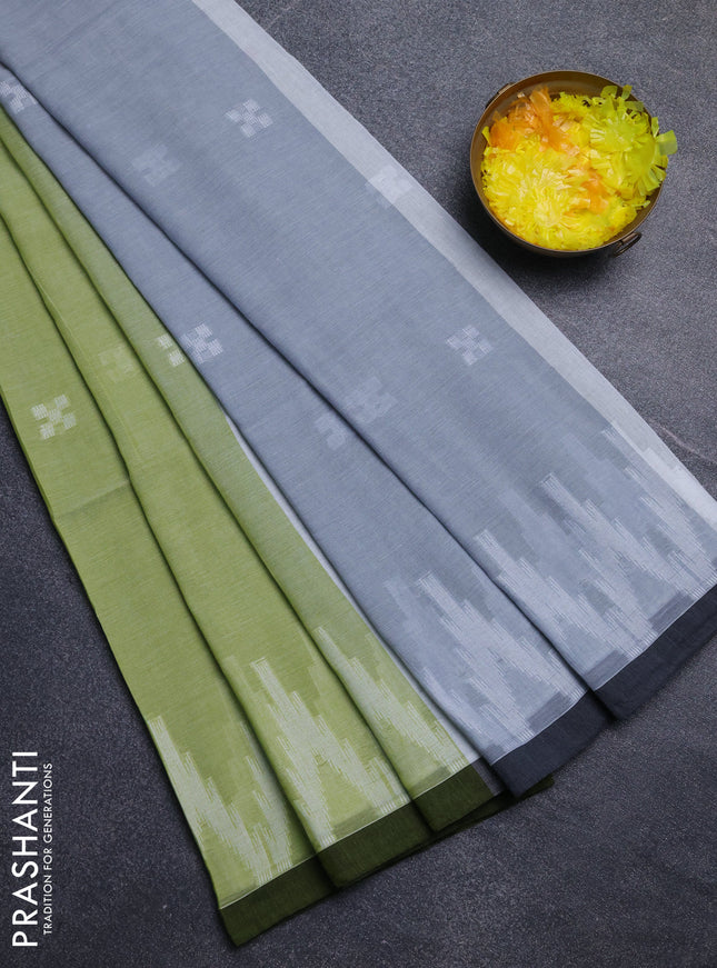 Bengal cotton saree light green and black with thread woven buttas and temple thread woven simple border
