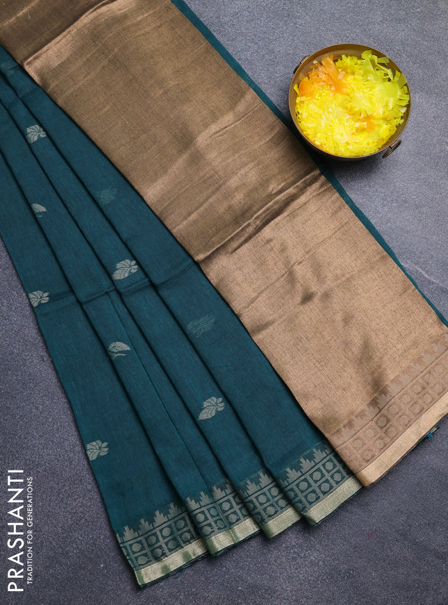 Bengal cotton saree teal green with allover thread woven buttas and thread & zari woven border