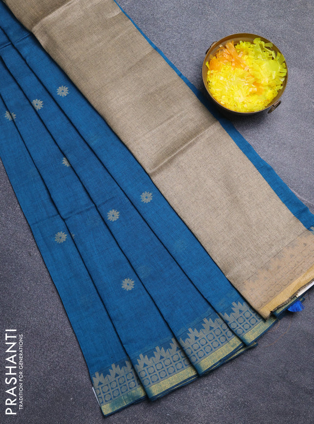 Bengal cotton saree peacock blue with allover thread woven buttas and thread & zari woven border