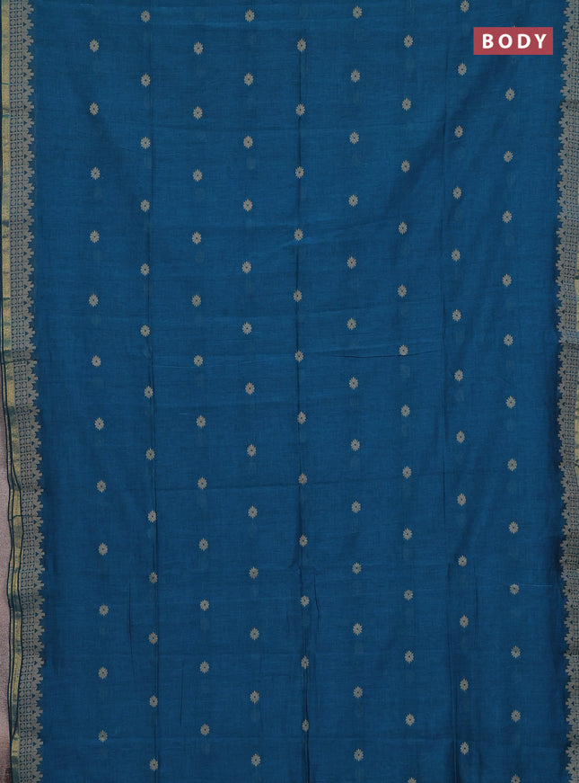 Bengal cotton saree peacock blue with allover thread woven buttas and thread & zari woven border