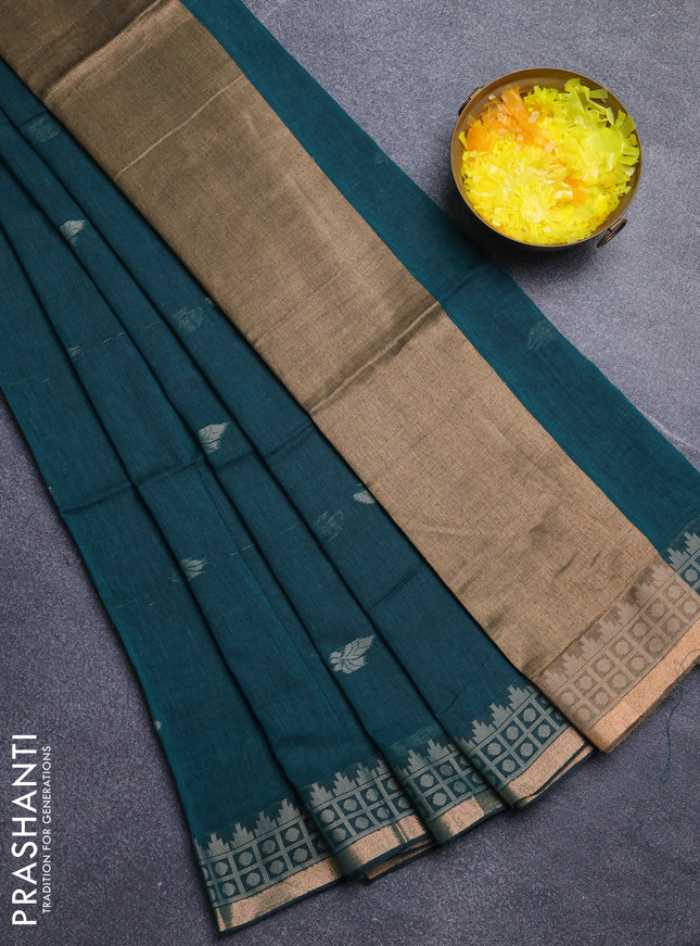 Bengal cotton saree peacock green with allover thread woven buttas and thread & zari woven border