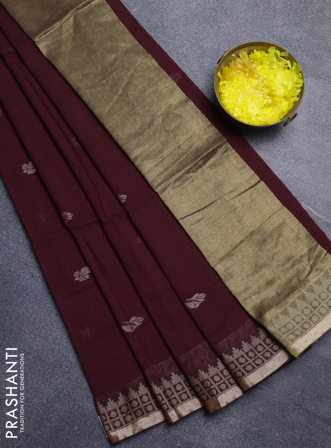 Bengal cotton saree wine shade with allover thread woven buttas and thread & zari woven border
