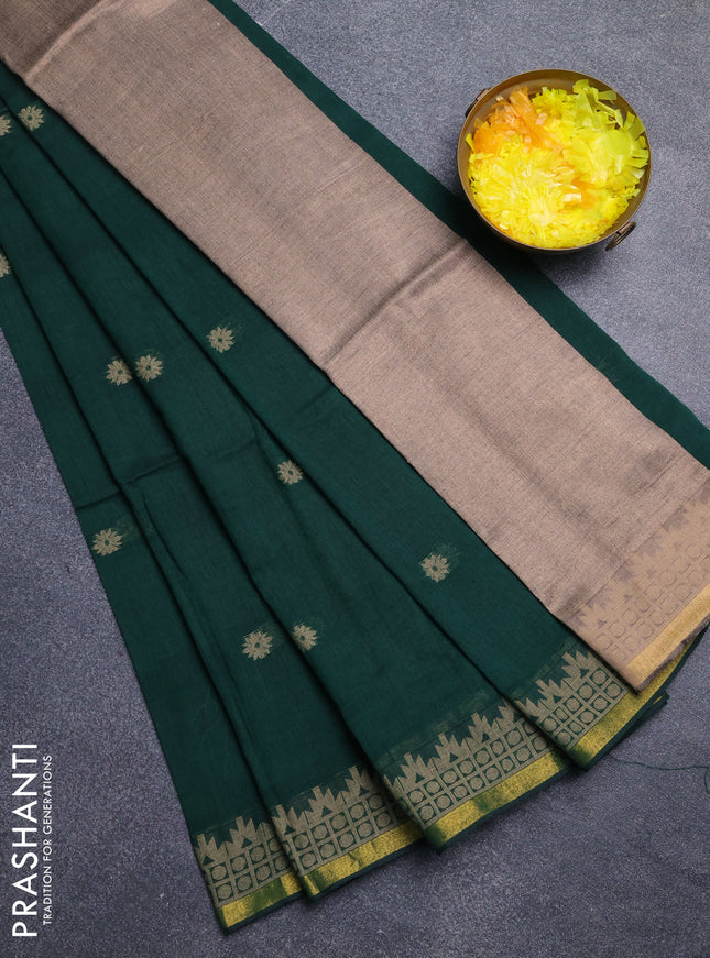Bengal cotton saree dark green with allover thread woven buttas and thread & zari woven border