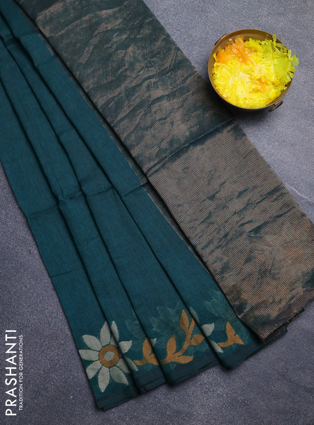 Bengal cotton saree peacock green with plain body and thread woven border