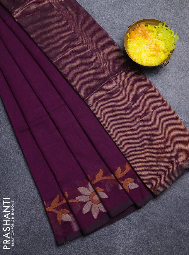 Bengal cotton saree purple with plain body and thread woven border