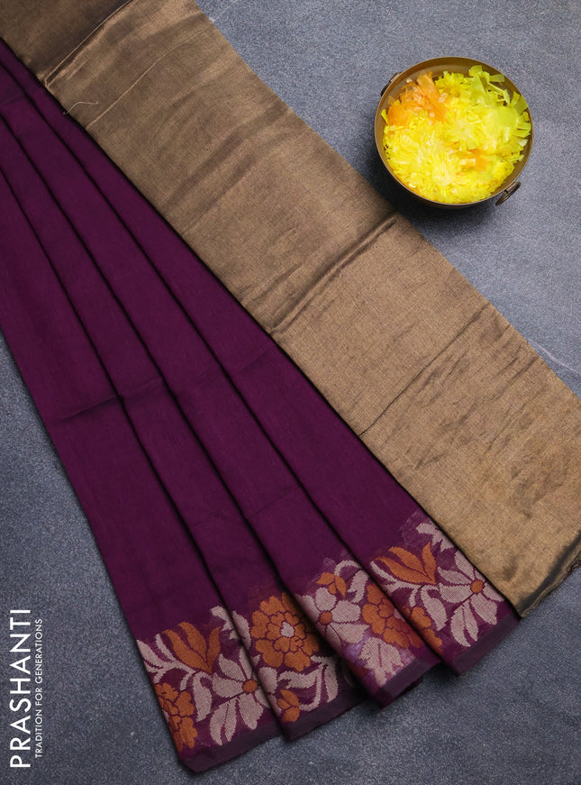 Bengal cotton saree deep purple with plain body and thread woven border