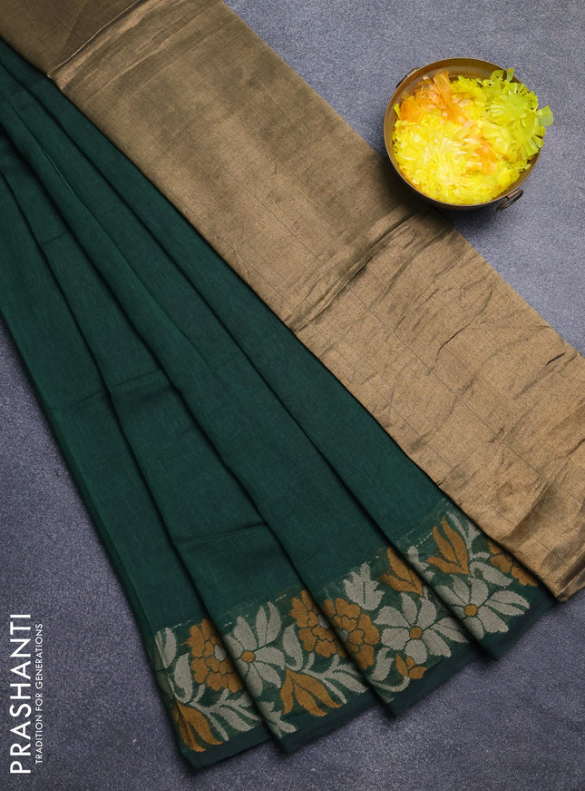 Bengal cotton saree bottle green with plain body and thread woven border
