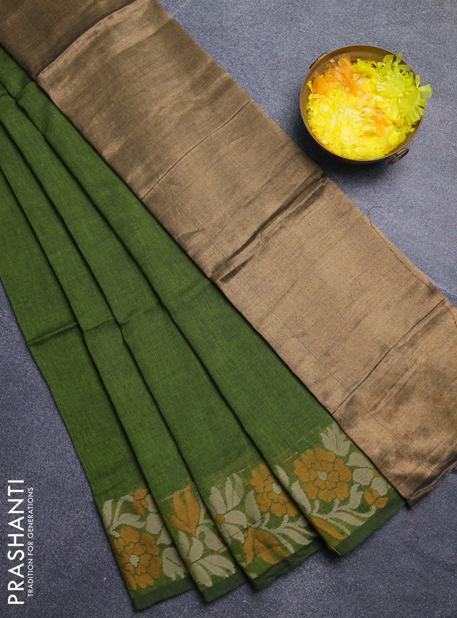 Bengal cotton saree mehendi green with plain body and thread woven border