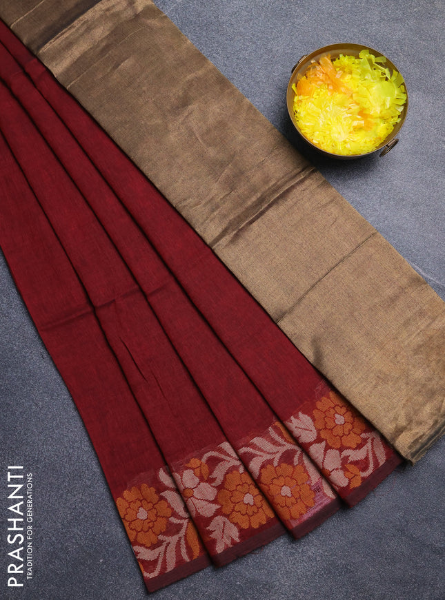 Bengal cotton saree maroon with plain body and thread woven border