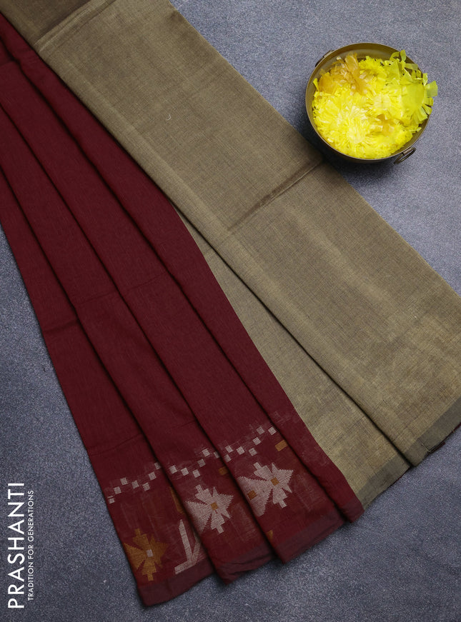 Bengal cotton saree maroon with plain body and thread woven border