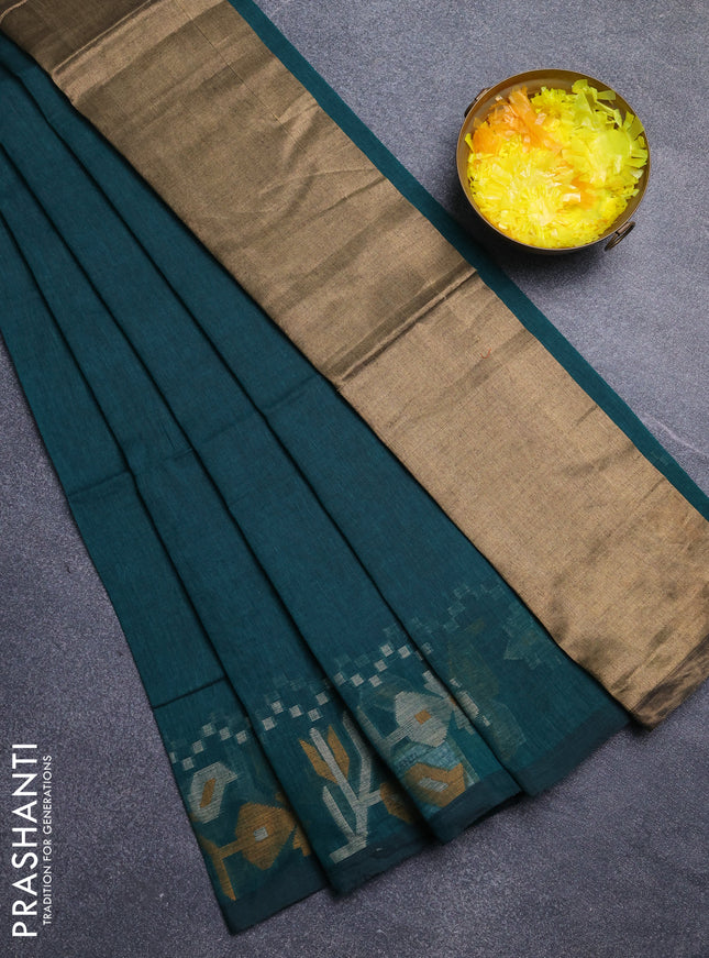 Bengal cotton saree peacock green with plain body and thread woven border