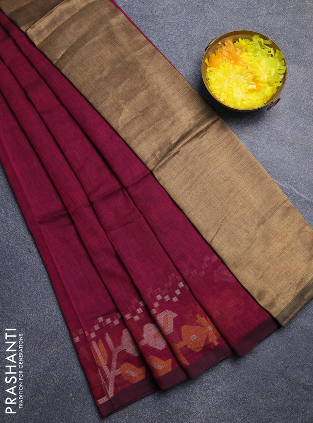 Bengal cotton saree magenta pink with plain body and thread woven border