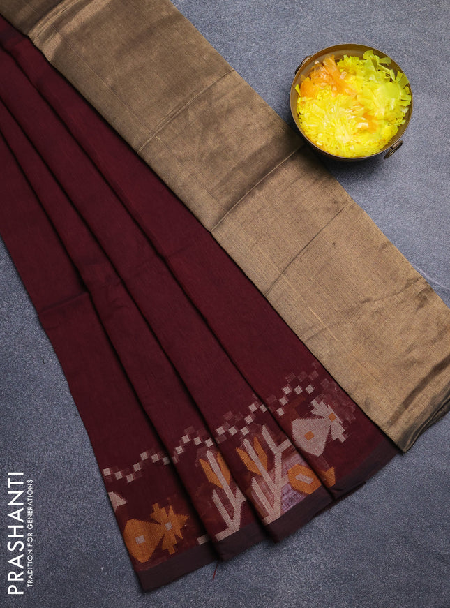 Bengal cotton saree deep maroon with plain body and thread woven border