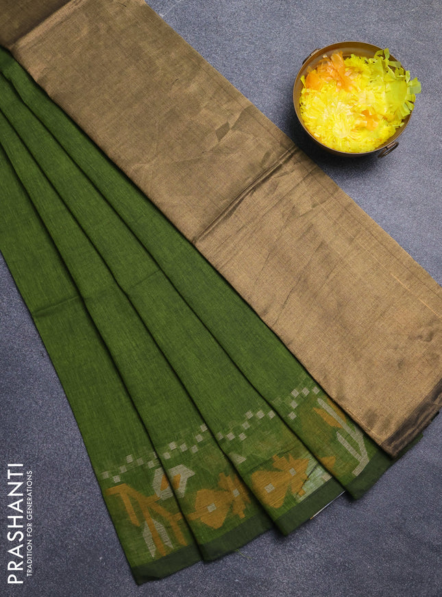 Bengal cotton saree mehendi green with plain body and thread woven border