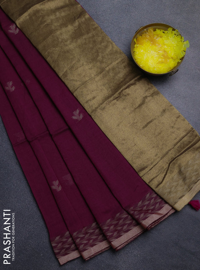 Bengal cotton saree dark magenta pink with thread woven buttas and thread & zari woven border