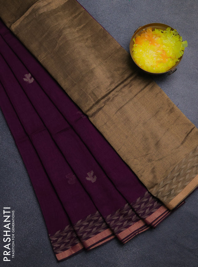 Bengal cotton saree purple with thread woven buttas and thread & zari woven border