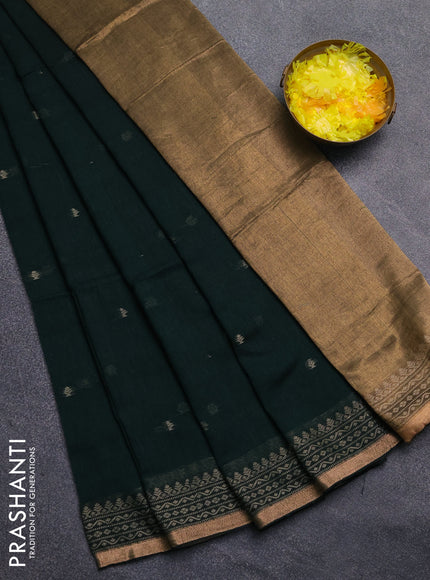 Bengal cotton saree bottle green with thread woven buttas and thread & zari woven border