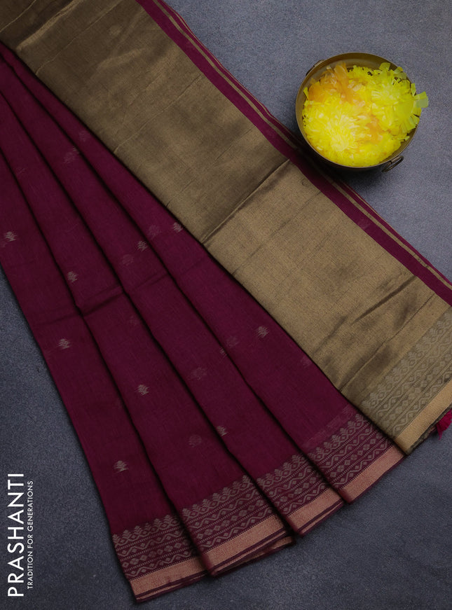 Bengal cotton saree dark magenta pink with thread woven buttas and thread & zari woven border