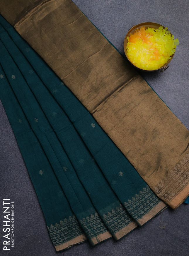 Bengal cotton saree peacock green with thread woven buttas and thread & zari woven border