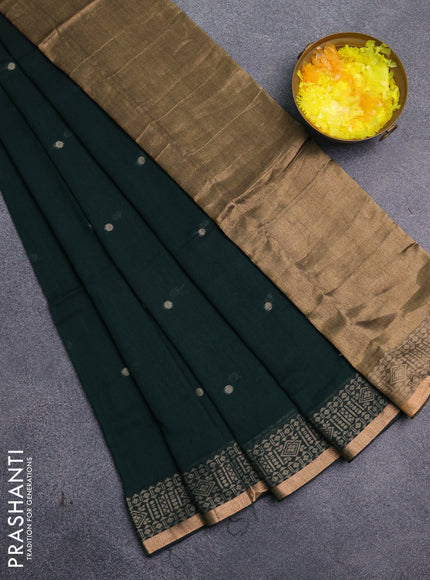 Bengal cotton saree bottle green with thread woven buttas and thread & zari woven border