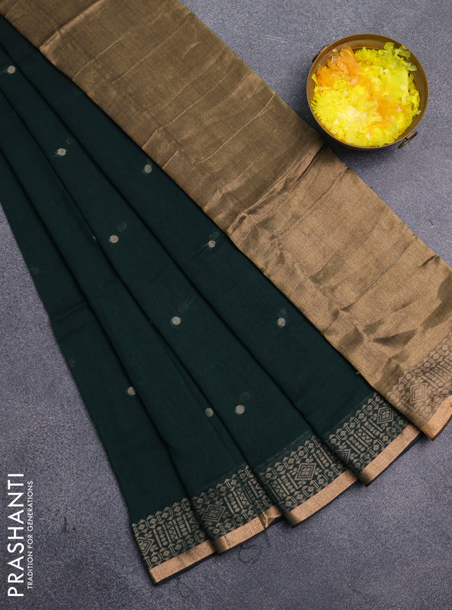 Bengal cotton saree bottle green with thread woven buttas and thread & zari woven border