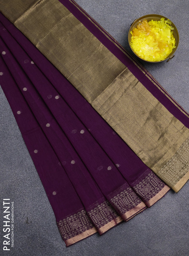 Bengal cotton saree purple with thread woven buttas and thread & zari woven border