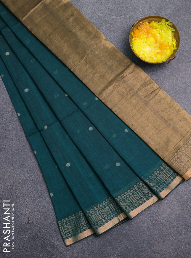 Bengal cotton saree peacock green with thread woven buttas and thread & zari woven border