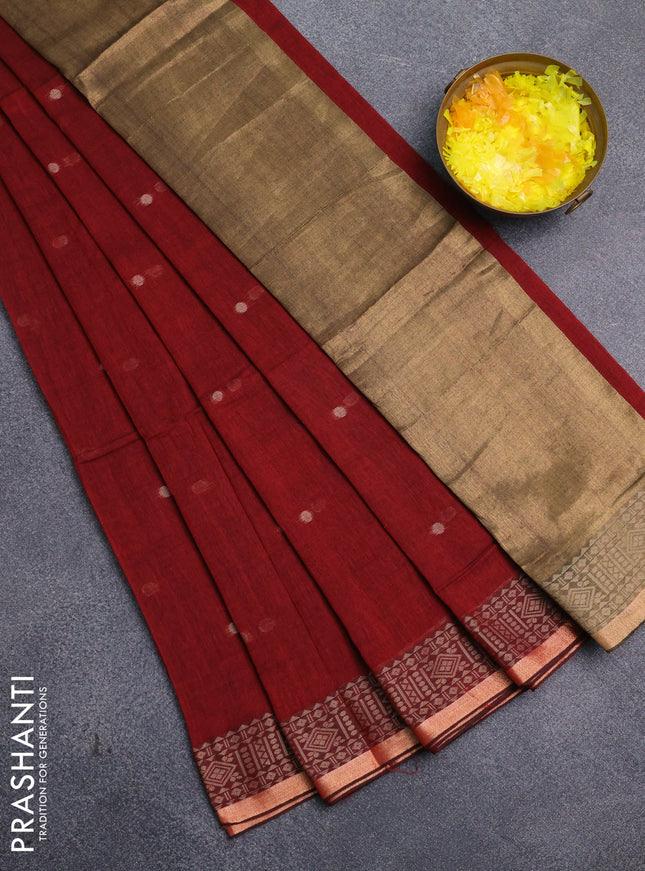 Bengal cotton saree maroon with thread woven buttas and thread & zari woven border