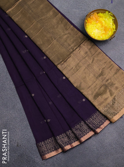Bengal cotton saree deep purple with thread woven buttas and thread & zari woven border