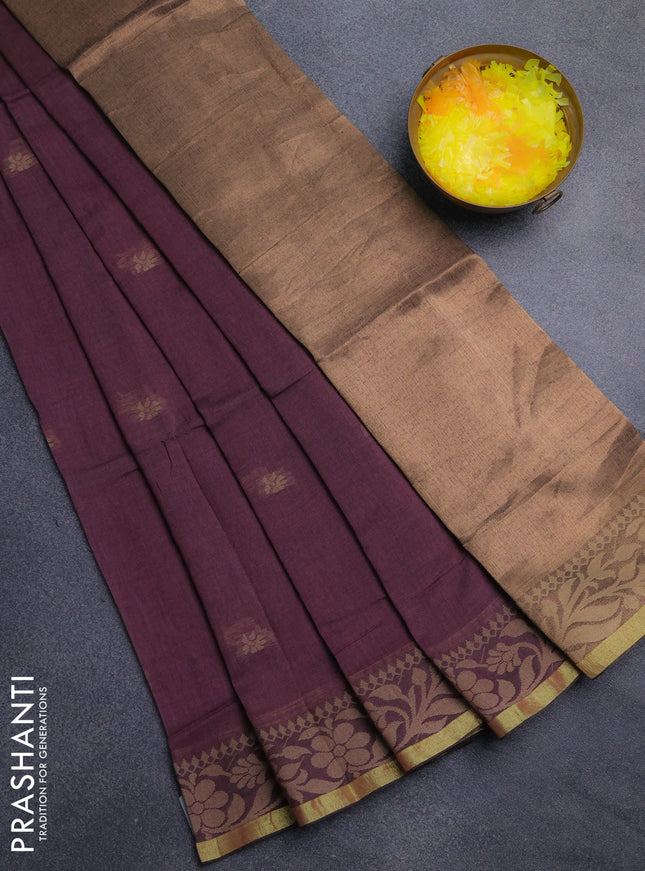 Bengal cotton saree pastel maroon with thread woven buttas and thread & zari woven border
