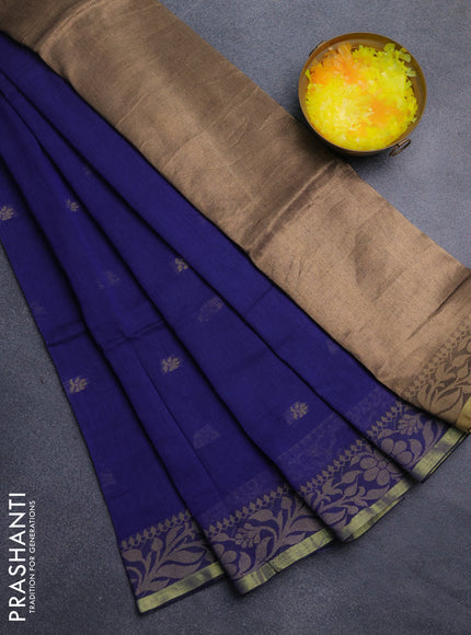 Bengal cotton saree blue  with thread woven buttas and thread & zari woven border
