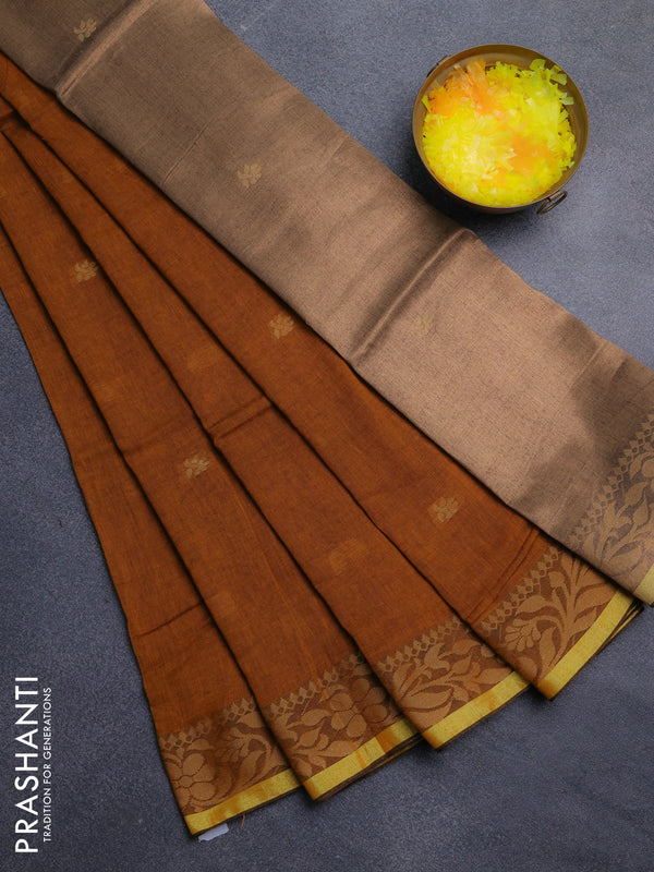 Bengal cotton saree mustard yellow with thread woven buttas and thread & zari woven border