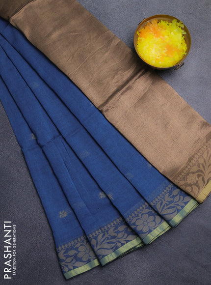 Bengal cotton saree blue shade with thread woven buttas and thread & zari woven border