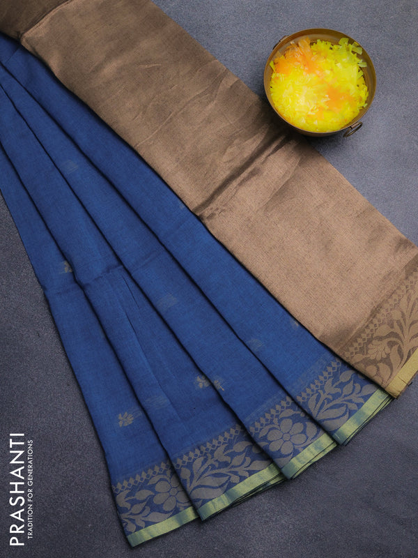 Bengal cotton saree blue shade with thread woven buttas and thread & zari woven border
