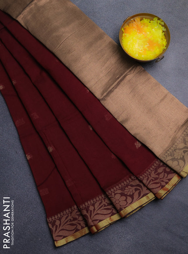 Bengal cotton saree deep maroon with thread woven buttas and thread & zari woven border