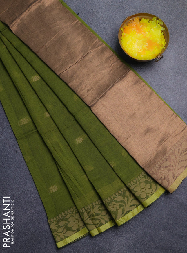 Bengal cotton saree mehendi green with thread woven buttas and thread & zari woven border