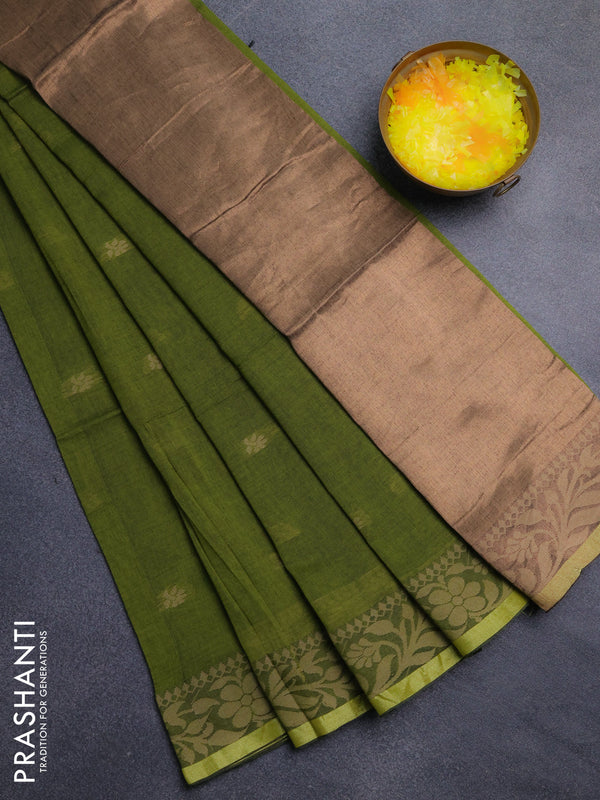 Bengal cotton saree mehendi green with thread woven buttas and thread & zari woven border