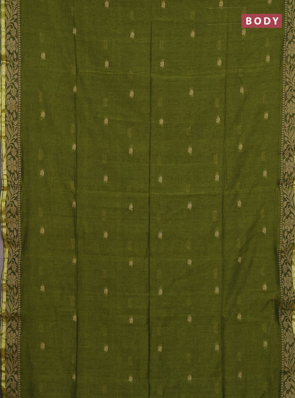 Bengal cotton saree mehendi green with thread woven buttas and thread & zari woven border