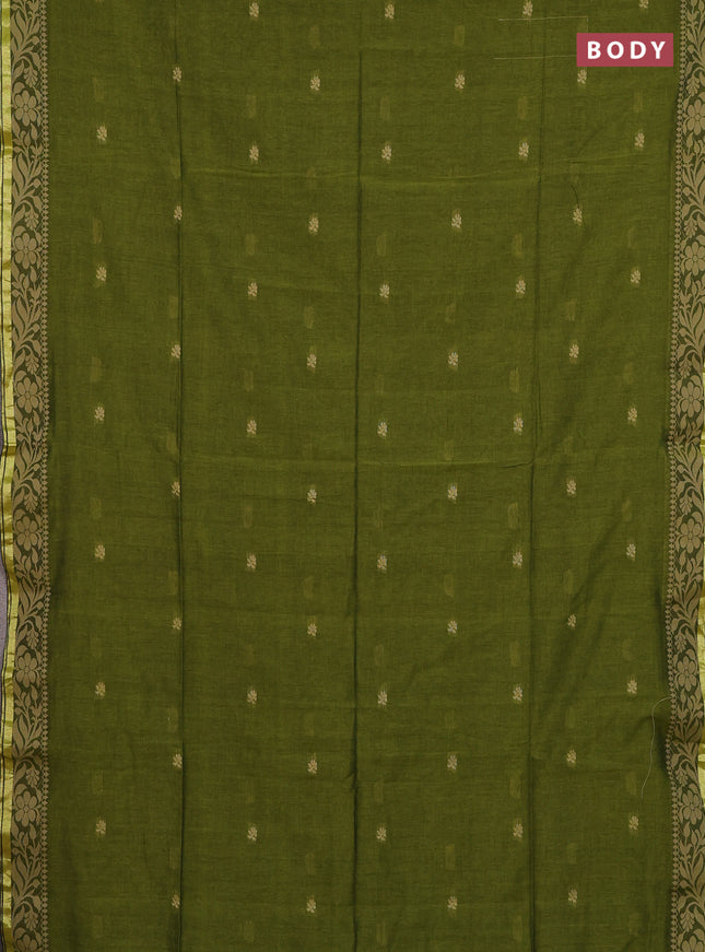 Bengal cotton saree mehendi green with thread woven buttas and thread & zari woven border
