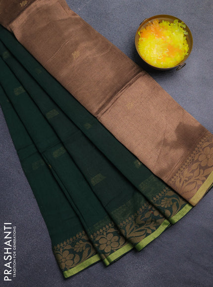 Bengal cotton saree dark green with thread woven buttas and thread & zari woven border