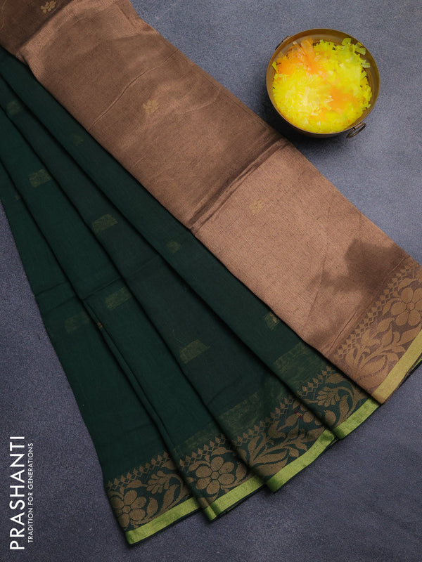 Bengal cotton saree dark green with thread woven buttas and thread & zari woven border