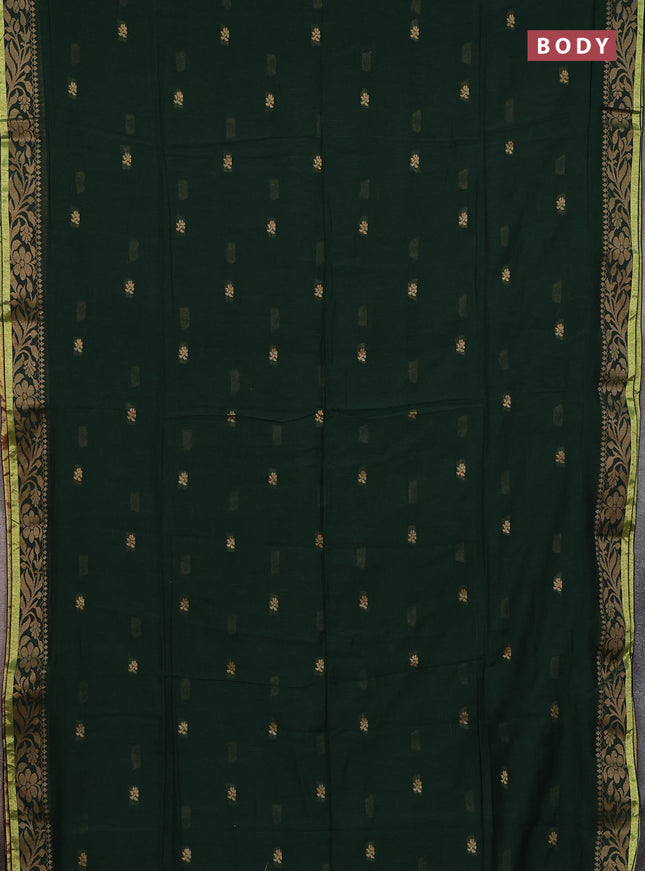 Bengal cotton saree dark green with thread woven buttas and thread & zari woven border
