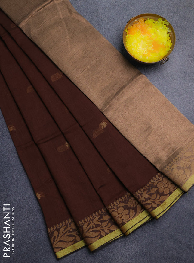 Bengal cotton saree dark mustard with thread woven buttas and thread & zari woven border