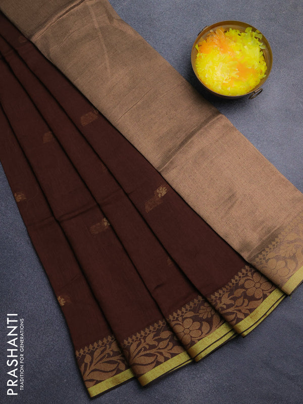 Bengal cotton saree dark mustard with thread woven buttas and thread & zari woven border