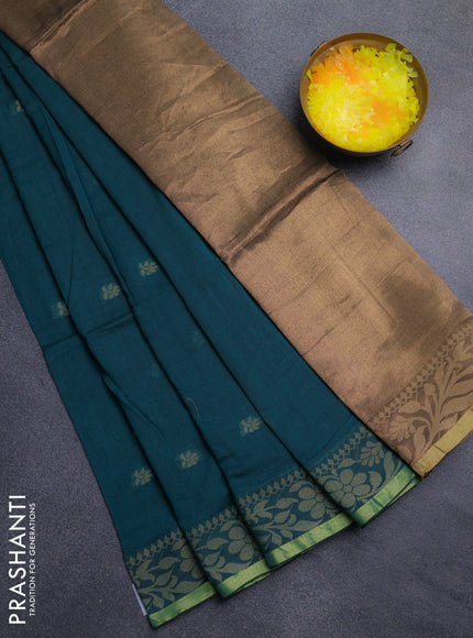 Bengal cotton saree peacock green with thread woven buttas and thread & zari woven border