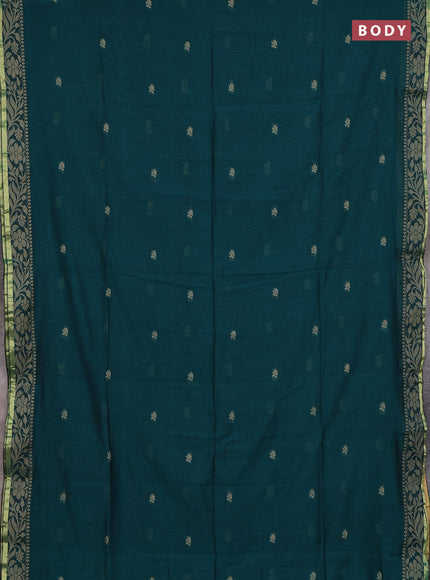Bengal cotton saree peacock green with thread woven buttas and thread & zari woven border