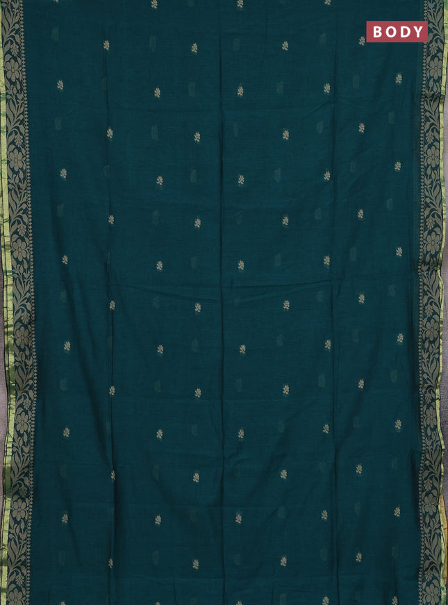 Bengal cotton saree peacock green with thread woven buttas and thread & zari woven border