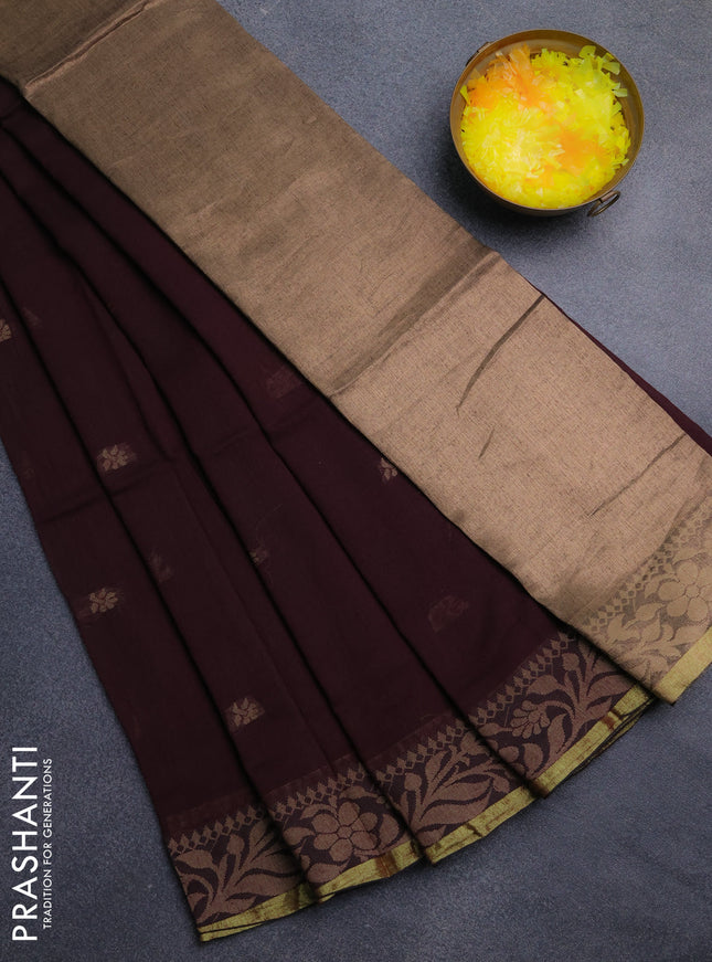 Bengal cotton saree coffee brown with thread woven buttas and thread & zari woven border
