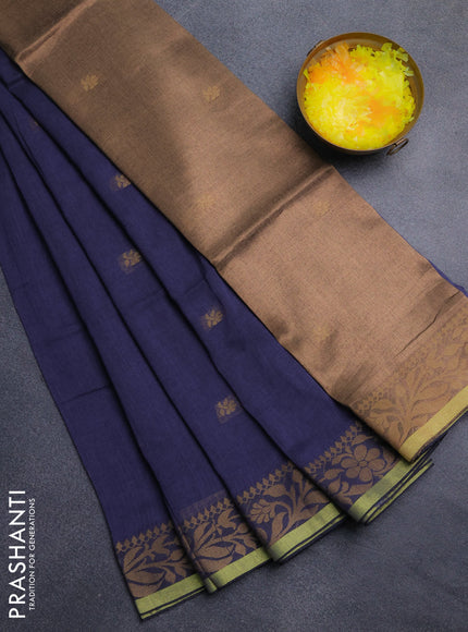 Bengal cotton saree blue shade with thread woven buttas and thread & zari woven border