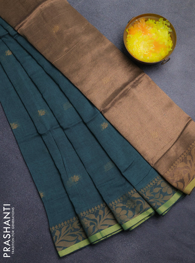 Bengal cotton saree light green with thread woven buttas and thread & zari woven border